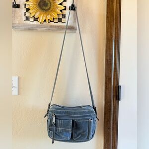 Vtg Fossil Light Blue Denim Crossbody Bag Small Messenger Bag w/ Pen Holder